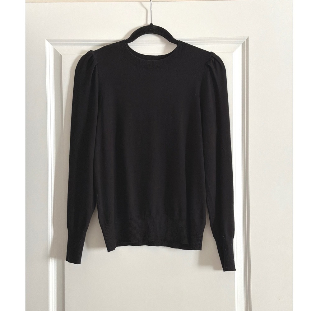 Marled Black Sweater Puff Shoulder Long Sleeve Ribbed Knit Top Medium